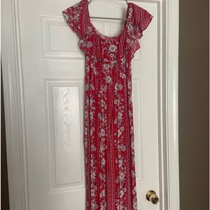 off the shoulder red and white maxi dress